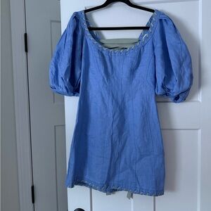 Zimmermann Blue linen mini dress with sage green lace up corset inspired bodice